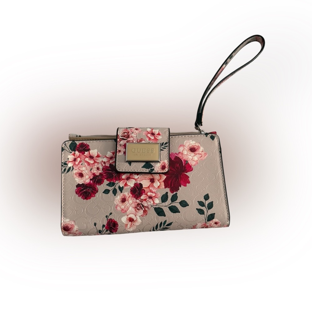 Guess Cream and Red Floral Wristlet